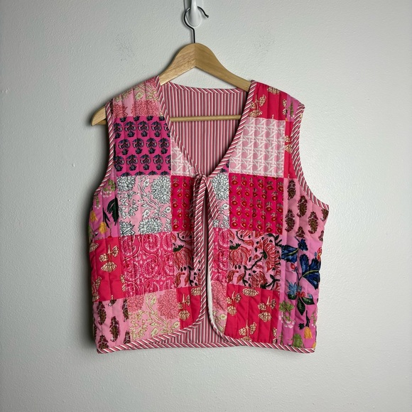 None Jackets & Blazers - Patchwork Pink Quilted Vest Cottagecore Colorful Boho Floral Gilet Cardigan M